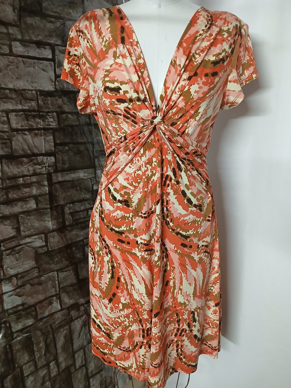 dressbarn Coral and Cream Twist-Front Print Dress